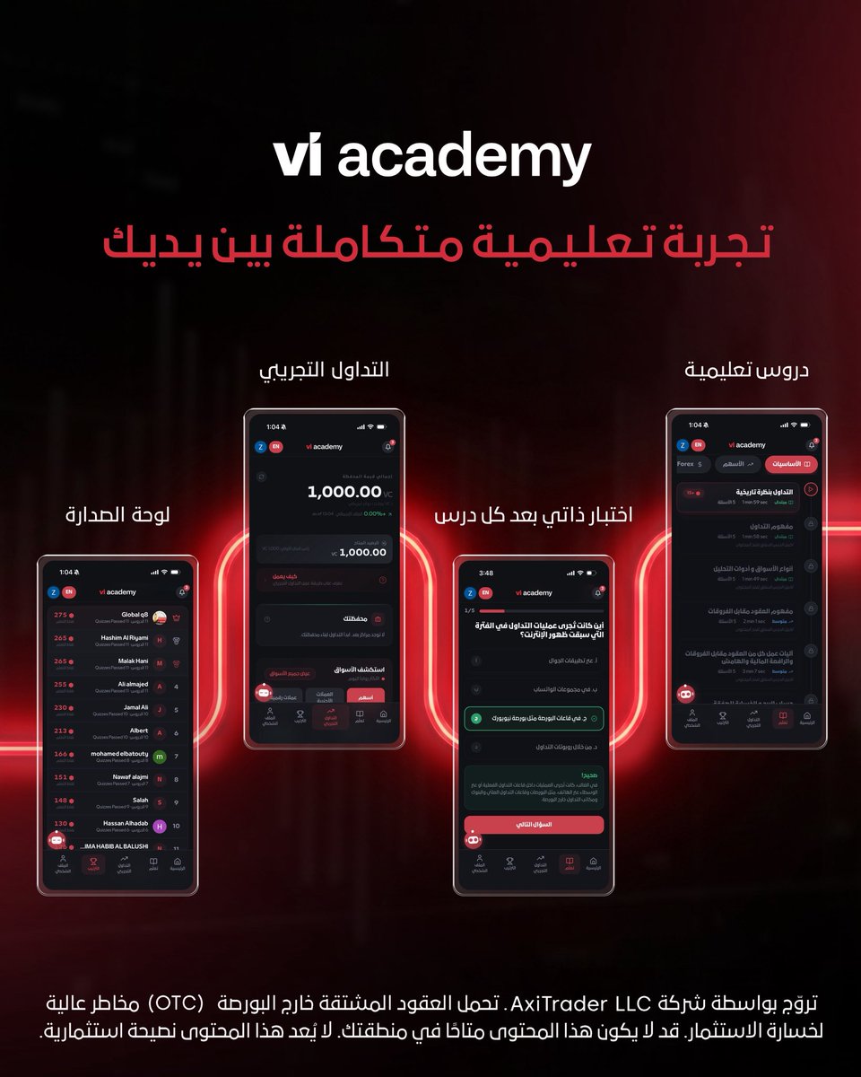 VI_Markets's tweet photo. تجربة تعليمية متكاملة تجمع بين الدروس التفاعلية، الاختبارات، والتداول التجريبي في مكان واحد.
 
حمل التطبيق الآن من خلال الرابط التالي: 
 https://t.co/XLlFYOdWPq https://t.co/voS8DPFh4q