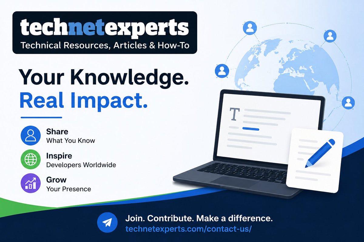 technetexpert's tweet photo. Turn your tech expertise into industry recognition. Publish practical tutorials, share insights, and reach developers worldwide with TechNetExperts.
https://t.co/39QI7ICyFh
#TechWriting #Developers #WriteforUs #TechWriters https://t.co/o5c720OkZ5