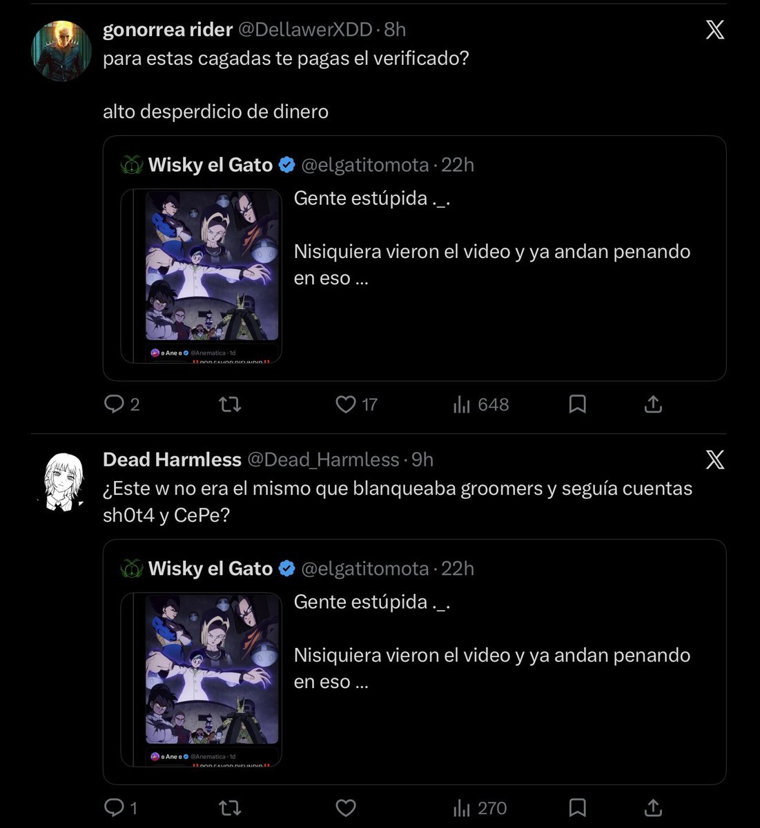 elgatitomota's tweet photo. A ver… ._.

Mi comentario literalmente fue criticando a la gente que opinó sin ver el video completo y solo expresé que la dejen en paz ._.

En ningún momento, ni yo, ni ella defendimos algo como el Grooming

Y si, comprendo que talves ella no se explico de la mejor forma, pero me parece ridículo el como por esto se la pasan tratándola de Pdf por esto, y a mí de defensor de groomers por decir que la dejen en paz -.-

Pareciera que cuando te acusan de algo así, si o si tienes que seguirle la corriente a todo el mundo, y si no lo hacen te tratan de: “Estas defendiendo el Grooming We XD”

Al final terminan haciendo lo que dije, comportarse como estúpidos ._.

Y para todos los que me siguen tratando como defensor de Groomers

Vallanse a joder a alguien más y dejen de tomarse todo como un chiste -.-

Durante todo el tiempo que estuvieron diciéndome estas cosas yo estuve divirtiéndome en un parque de diversiones 

Hagan algo similar o encuentren algo que los entretenga mejor .-.