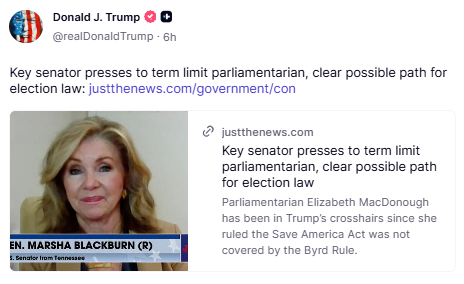 GuntherEagleman's tweet photo. 🚨 HUGE Development, Senator Marsha Blackburn is leading the charge to term limit the Senate Parliamentarian!

This could clear a major roadblock for President Trump’s Save America Act and key election integrity reforms.

The current Parliamentarian (a Harry Reid/Obama holdover) has been a consistent obstacle to America First legislation.

Time to clean house in the Senate. No more unelected bureaucrats standing in the way of the people’s will.
Let’s get it done!