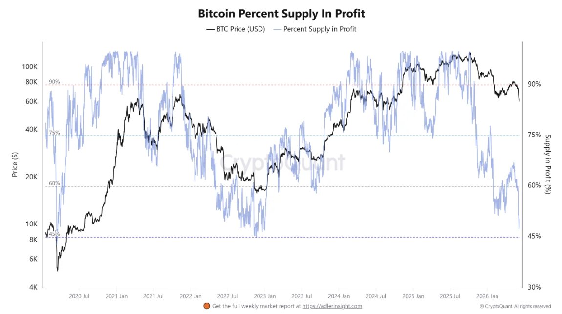 cryptoquant_com's tweet photo. Bitcoin Approaches a Historical Profitability Reset

“Per cent Supply in Profit metric falls toward the 45% threshold. Historically, this zone has coincided with periods of heightened market stress.” – By @CrypZeno https://t.co/JGbe1piwbZ