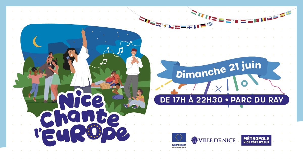 MetropoleNCA's tweet photo. 🎤 Samedi 21 juin de 17h à 22h30, le Parc du Ray résonne aux couleurs de l’Europe avec “Nice chante l’Europe” ! 🇪🇺
Au programme : quiz, karaoké sur les tubes européens, food trucks, transats &amp; pique-nique.

Une soirée festive et conviviale 👉 https://t.co/vd8yMdbz0j https://t.co/RRaau373WQ