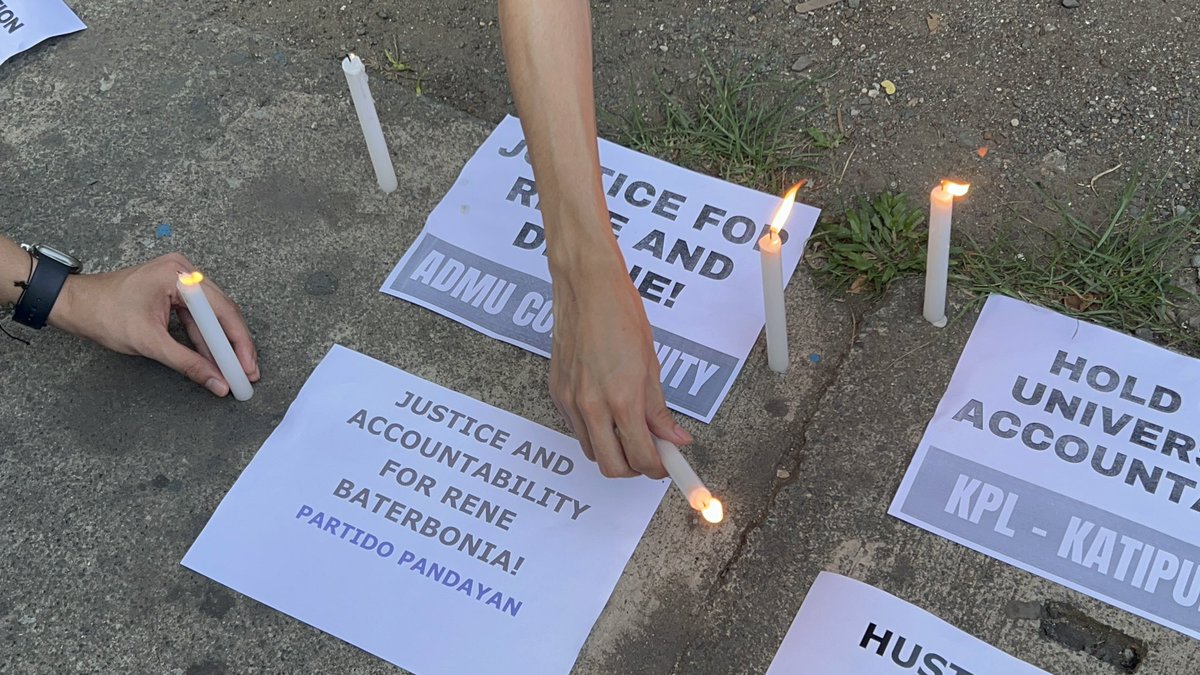 ABSCBNNews's tweet photo. “Hustisya!”

This was the call of some students who gathered outside Ateneo de Manila University in Quezon City on Wednesday, June 10, joining the families of student-athletes Rene Baterbonia and Divine Adili in seeking answers and accountability following their deaths. 

Students also held a candlelight vigil and a short program, where they expressed their support for the bereaved families and renewed their call for transparency and accountability. | via @LyzaAquinoABS