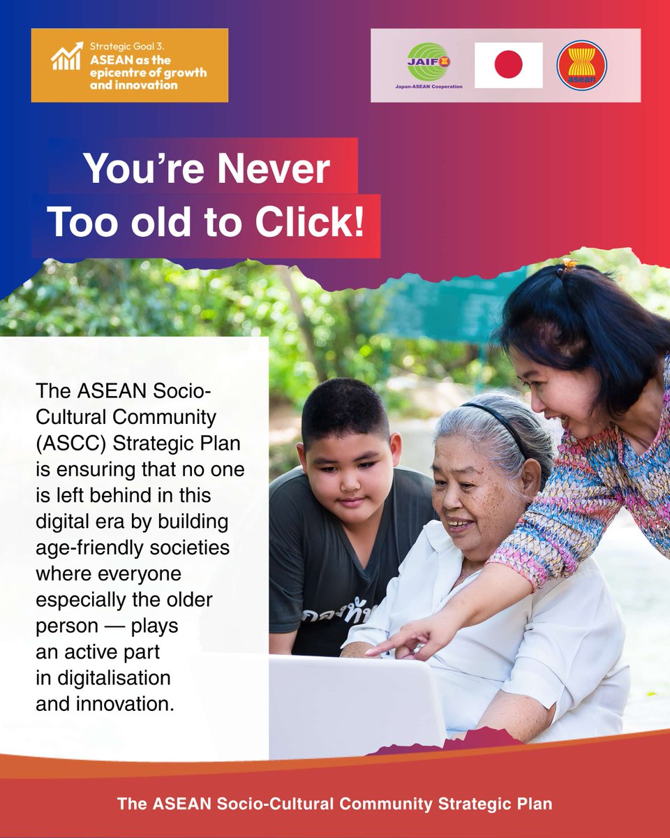 ASEAN's tweet photo. ASEAN is empowering every generation to thrive in the digital world. From youth to older persons, everyone has a role to play in driving digitalisation and innovation to bring valuable experience, knowledge, and perspective for an inclusive digital future.

Explore how these policies are shaping our shared future: https://t.co/8GU6i7XH8W

#ASEAN #ASEANCommunity #ASCCStrategicPlan #ASCCPost2025 #JapanASEANIntegrationFund #JAIF #ACV2045