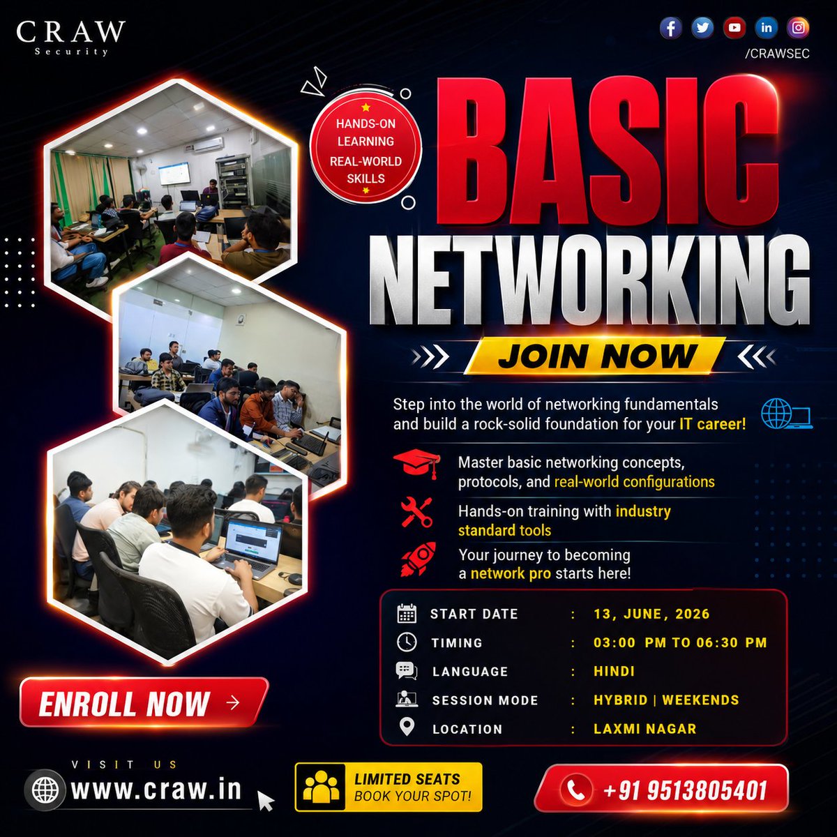 crawsec's tweet photo. Learn Networking from Scratch!Build real-world networking skills with hands-on training at Craw Security.📅 13 June 2026 | Hybrid Weekends
📍 Laxmi Nagar📞 +91 9513805401
#Networking #CCNA #ITCareer #CyberSecurity #NetworkEngineer #CrawSecurity #TechTraining #EnrollNow 🚀 https://t.co/nTolgR6Xlv