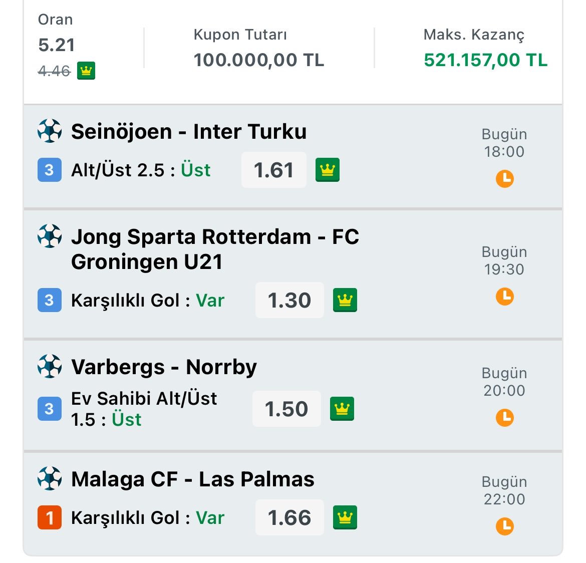 WagiWin's tweet photo. DÜNYA KUPASI İÇİN SON GÜN…🏟️ HAZIR MIYIZ?

ODDS ; 5.34📊

🇫🇮 Seinäjoen - Inter Turku 
➜ 2.5 ÜST

🇳🇱 Jong Sparta Rotterdam - Groningen U21 
➜ KG VAR

🇸🇪 Varbergs - Norrby 
➜ Ev Sahibi 1.5 ÜST

🇪🇸 Malaga CF - Las Palmas 
➜ KG VAR

CANLI VE ROLLİNG İÇİN; https://t.co/6cZkDmUAUZ https://t.co/4pb6MRrc1i