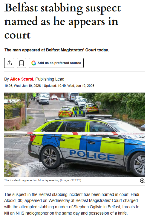 JimN13's tweet photo. The suspect in the Belfast stabbing incident named in court.
Hadi Alodid, 30, appeared on Wednesday at Belfast Magistrates’ Court charged with the attempted stabbing murder of Stephen Ogilvie in Belfast, threats to kill an NHS radiographer on the same day nd possession of a knife https://t.co/pg5GFeuy6g