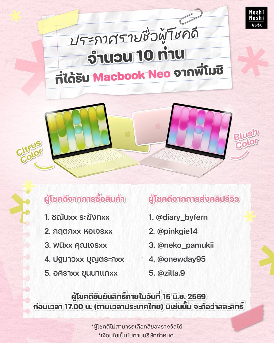 MoshiMoshiTH's tweet photo. 🎉 ประกาศรายชื่อผู้โชคดีทั้ง 10 ท่าน 🎉

จากกิจกรรม “Moshi Moshi Back to School พี่โมชิแจก MacBook NEO จำนวน 10 เครื่อง”

💖 พี่โมชิขอแสดงความยินดีกับผู้โชคดีทุกท่าน และขอขอบคุณทุกคนที่มาร่วมสนุกกับกิจกรรมของ Moshi Moshi นะคะ 🙇‍♀️

🎁 ของรางวัลสำหรับผู้โชคดี 
💻 MacBook NEO จำนวน 10 รางวัล
🌸 Blush Color (สีชมพู) จำนวน 5 เครื่อง 
🍋 Citrus Color (สีเขียว) จำนวน 5 เครื่อง

*ผู้โชคดีไม่สามารถเลือกสีของรางวัลได้
━━━━━━━━━━━━━━

📢 วิธีการยืนยันรับสิทธิ์สำหรับผู้โชคดี

🛍️ ผู้โชคดีจากการซื้อสินค้า - ติดต่อรายงานตัวได้ทาง Inbox Facebook Moshi Moshi

🎬 ผู้โชคดีจากการส่งคลิปรีวิว - ต้องใช้ Account ที่มีชื่อตรงกับรายชื่อในประกาศ และติดต่อรายงานตัวทาง Direct Message ของ TikTok (@ moshimoshi.official)

📩 กรุณาแจ้งข้อมูลดังนี้เพื่อรายงานตัว

🏅 ลำดับรางวัล 
👤 ชื่อ–นามสกุล (ตามบัตรประชาชน) 
📞 เบอร์โทรศัพท์ 
🌐 ชื่อ Account ตามประกาศรายชื่อ (สำหรับผู้โชคดีจากการส่งคลิปรีวิว)

ข้อมูลต้องตรงกับที่ลงทะเบียนไว้ เพื่อใช้เป็นหลักฐานในการยืนยันตัวตน โดยเอกสารดังกล่าวจะต้องเป็นเอกสารจริงของผู้โชคดีเท่านั้น

📌 เมื่อผู้โชคดีติดต่อเข้ามาแล้ว โปรดรอแอดมินตรวจสอบข้อมูล และส่งแบบฟอร์มยืนยันสิทธิ์ให้
ผู้โชคดีจำเป็นต้องกรอกข้อมูลผ่านแบบฟอร์มที่ทางแอดมินส่งให้ครบถ้วน

⏰ ภายในวันที่ 15 มิถุนายน 2569 เวลา 17.00 น. ถึงจะเป็นการยืนยันสิทธิ์สำเร็จ 
❗ หากผู้โชคดียืนยัสิทธิ์ไม่ทันเวลาที่กำหนดไว้จะถือว่าสละสิทธิ์
━━━━━━━━━━━━━━

📋 เงื่อนไขในการรับรางวัล

✅ ผู้โชคดีที่มารับรางวัลจะต้องเป็นบุคคลที่มีชื่อ–นามสกุลตรงกับที่ลงทะเบียนไว้เท่านั้น
✅ ผู้โชคดีต้องมารับรางวัลด้วยตนเอง ภายในวัน เวลา และสถานที่ที่บริษัทกำหนด

หลังจากผู้โชคดียืนยันตัวตนและส่งเอกสารครบถ้วนแล้ว ตัวแทนของบริษัทจะติดต่อกลับเพื่อแจ้งรายละเอียดการรับรางวัล
📌 หมายเหตุ 
กรณีผู้โชคดีมีอายุต่ำกว่า 20 ปีบริบูรณ์ จะต้องได้รับความยินยอมจากบิดา มารดา ผู้ปกครอง หรือผู้แทนโดยชอบธรรม โดยผู้ปกครองต้องลงนามในเอกสารยืนยันการรับรางวัล

บริษัทฯ ขอสงวนสิทธิ์ไม่รับผิดชอบค่าใช้จ่ายอื่นใดเพิ่มเติม เช่น ค่าเดินทาง หรือค่าใช้จ่ายในการมารับรางวัล

━━━━━━━━━━━━━━

📄 เอกสารในการรับรางวัล

🪪 บัตรประจำตัวประชาชนตัวจริง พร้อมสำเนา 1 ชุด และเซ็นรับรองสำเนาถูกต้อง

*กรณีผู้โชคดีอายุต่ำกว่า 20 ปีบริบูรณ์ บิดา มารดา ผู้ปกครอง หรือผู้แทนโดยชอบธรรม ต้องนำบัตรประชาชนตัวจริง พร้อมสำเนา 1 ชุด และเซ็นรับรองสำเนาถูกต้อง เพื่อใช้เป็นหลักฐานยินยอมรับรางวัล

📦 สำหรับผู้โชคดีจากการซื้อสินค้า
🏪 กรณีซื้อจากร้าน Moshi Moshi 
• ใบกำกับภาษีอย่างย่อ / ใบเสร็จรับเงินตัวจริงที่ใช้ลงทะเบียน 
• ผู้โชคดีที่ไม่มีเอกสารตัวจริงมายืนยัน จะถือว่าสละสิทธิ์

🛒 กรณีซื้อจากช่องทางออนไลน์ Moshi Moshi Official Store 
• แสดงหน้าจอคำสั่งซื้อที่ตรงกับสิทธิ์ที่ได้รับรางวัล โดยต้องเปิดจากแอปพลิเคชันที่ทำการสั่งซื้อเท่านั้น 
❌ ไม่สามารถใช้ภาพแคปหน้าจอได้ 
• คำสั่งซื้อต้องมีการยืนยันการรับสินค้าในระบบเรียบร้อยแล้ว และต้องเป็นคำสั่งซื้อที่สมบูรณ์ ไม่มีการคืนสินค้า คืนเงิน หรือยกเลิกคำสั่งซื้อ

🎬 สำหรับผู้โชคดีจากการส่งคลิปรีวิว 
• แสดงหน้า Account TikTok ที่ลงทะเบียนร่วมกิจกรรม โดยต้องเปิดจากแอปพลิเคชัน 
❌ไม่สามารถใช้ภาพแคปหน้าจอได้

━━━━━━━━━━━━━━

⚠️ เงื่อนไขสำคัญ
1️⃣ ผู้โชคดีรับรางวัลได้เพียง 1 รางวัลต่อท่านเท่านั้น และเป็นไปตามมูลค่าที่บริษัทกำหนด
2️⃣ ผู้โชคดีจะต้องชำระภาษีเงินได้หัก ณ ที่จ่าย 5% หรืออัตราตามที่กฎหมายกำหนด รวมถึงค่าธรรมเนียมและค่าใช้จ่ายอื่น ๆ ที่เกี่ยวข้องกับการรับรางวัลด้วยตนเอง
3️⃣ บริษัทฯ ขอสงวนสิทธิ์ในการตรวจสอบเอกสาร และตัดสิทธิ์กรณีไม่ปฏิบัติตามกติกา
4️⃣ ผู้เข้าร่วมกิจกรรมยินยอมให้บริษัทฯ เก็บรวบรวม ใช้ และเปิดเผยข้อมูลส่วนบุคคล เพื่อการดำเนินกิจกรรม การยืนยันตัวตน การติดต่อรับรางวัล และการประชาสัมพันธ์ โดยไม่จำกัดเวลาและสถานที่
5️⃣ พนักงานของ บริษัท โมชิ โมชิ รีเทล คอร์ปอเรชั่น จำกัด (มหาชน) ไม่มีสิทธิ์ได้รับรางวัล
6️⃣ ขอสงวนสิทธิ์เฉพาะผู้ที่ปฏิบัติตามกติกาครบถ้วนเท่านั้น
7️⃣ บริษัทฯ ขอสงวนสิทธิ์ในการตัดสิทธิ์ผู้ที่มีพฤติกรรมทุจริต หรือไม่ปฏิบัติตามเงื่อนไขของกิจกรรม
8️⃣ กรณีมีข้อพิพาท คำตัดสินของบริษัทฯ ถือเป็นที่สิ้นสุด
━━━━━━━━━━━━━━

💻 เงื่อนไขเกี่ยวกับของรางวัลเพิ่มเติม
• บริษัทฯ จัดซื้อ MacBook NEO จากผู้จัดจำหน่ายที่ได้รับอนุญาตอย่างเป็นทางการ โดยอาจมีการเปิดกล่องเพื่อตรวจสอบความเรียบร้อยก่อนส่งมอบสินค้า
• ผู้โชคดีไม่สามารถปฏิเสธการรับรางวัลจากกรณีดังกล่าวได้
• การรับประกัน MacBook NEO เป็นไปตามเงื่อนไขของบริษัทผู้ผลิตเท่านั้น บริษัทฯ ไม่มีส่วนเกี่ยวข้องกับการรับประกันดังกล่าว
• บริษัทฯ ขอสงวนสิทธิ์ไม่รับเปลี่ยน คืน หรือซ่อมเครื่อง MacBook NEO ในทุกกรณี
• ในวันรับรางวัล บริษัทฯ จะให้ผู้ชนะตรวจสอบความเรียบร้อยและความพร้อมใช้งานของสินค้า พร้อมอาจมีการบันทึกภาพและวิดีโอเพื่อเป็นหลักฐานการส่งมอบรางวัล

📌 บริษัทฯ ขอสงวนสิทธิ์ในการเปลี่ยนแปลงเงื่อนไขและสิทธิประโยชน์ต่าง ๆ ตามที่เห็นสมควรและเป็นไปตามกฎหมาย รวมถึงกรณีความผิดพลาดในการพิมพ์ โดยไม่ต้องแจ้งให้ทราบล่วงหน้า

⛔เงื่อนไขเป็นไปตามที่บริษัทฯ กำหนด

#MoshiMoshi #โมชิโมชิ #รีวิวโมชิโมชิ #MoshiMoshiBacktoSchool #พี่โมชิแจกMacBookNeo