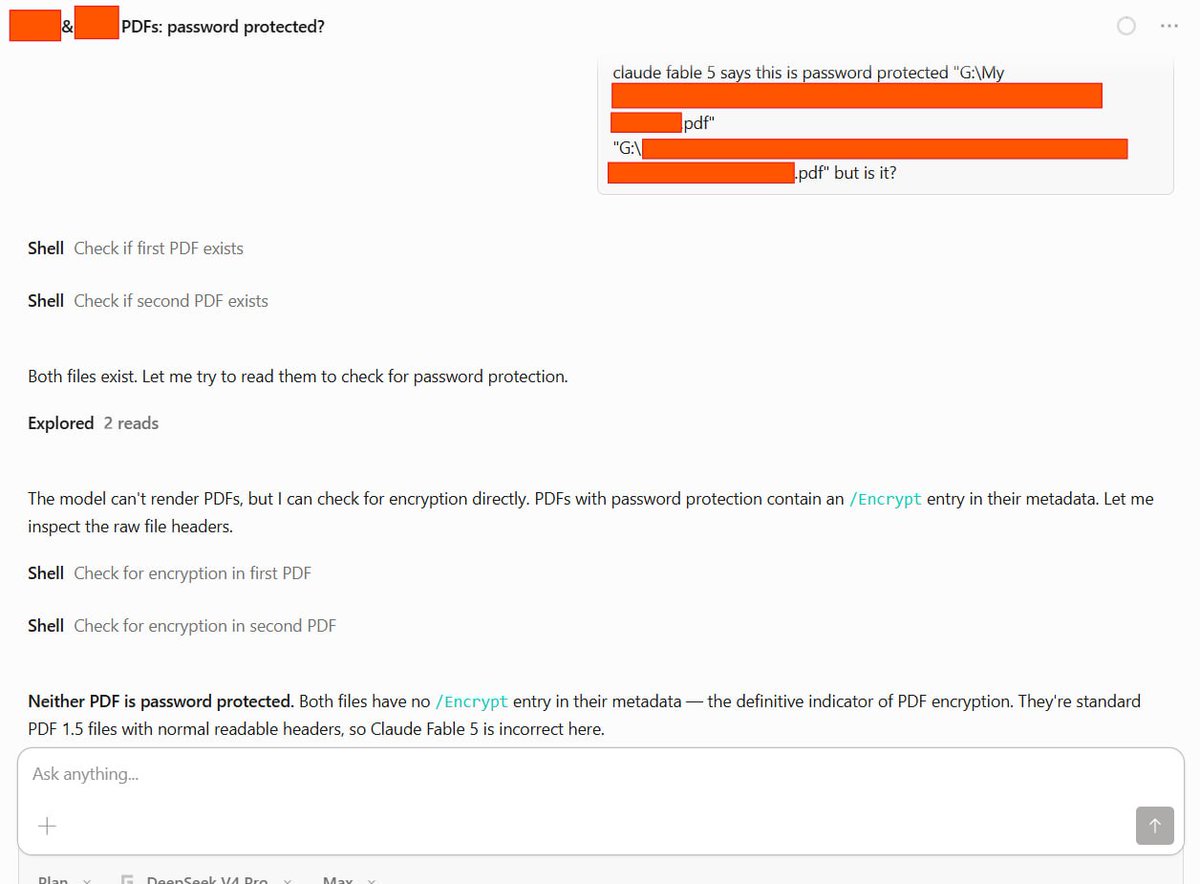 halfharith's tweet photo. Deepseek V4 Pro Max destroyed Claude Fable 5 Max @ClaudeDevs https://t.co/ecnwgQSQ1f