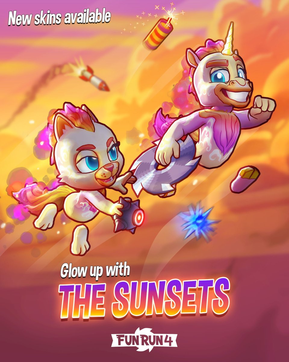 TheFunRun's tweet photo. The golden hour just became permanent. The Sunset Skins have officially landed in Fun Run 4! 🌅✨

The Sunset Cat and Sunset Unicorn will bathe the racetrack in a warm and cozy glow, as shining beacons of light amidst the mayhem. Just try not to stare directly at them 😎 https://t.co/4B5HcpjdpI