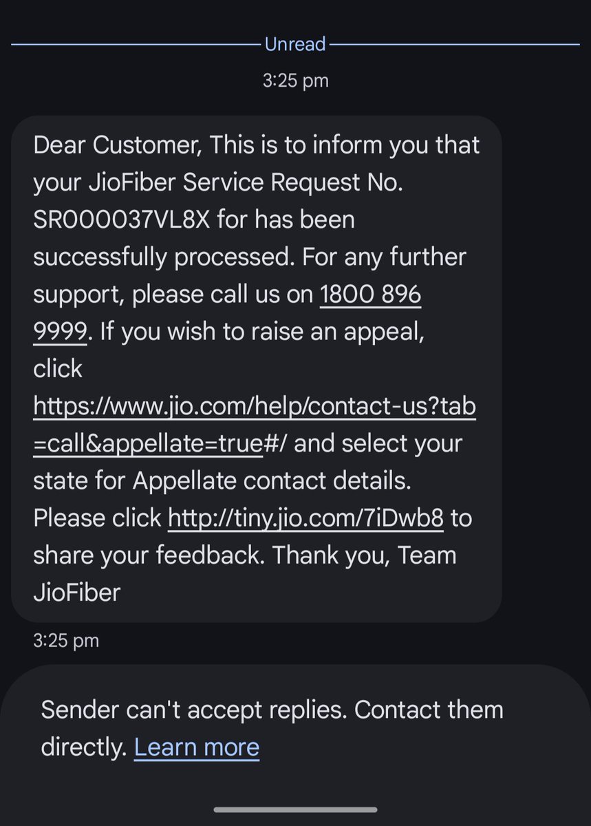 omghorpade99's tweet photo. @JioCare How can Service Request SR000037VL8X be marked as "successfully processed" when there is still no installation schedule, no visit from an engineer, and no contact from anyone? Order No: NO0001DEM4QM remains stuck at the installation stage. https://t.co/f4WY2LkS9z