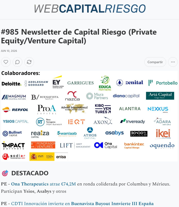 WCapitalRiesgo's tweet photo. 📬 #985 Newsletter de Capital Riesgo
Noticias clave de la semana (10-06-2026) 👉 https://t.co/saUSeZQlCi
📩 Suscríbete: https://t.co/j44NcDDukU
🤝 Patrocinios: https://t.co/iTXTJWYCLO
#CapitalRiesgo #PrivateEquity #VentureCapital #Inversion #Startups #Finanzas https://t.co/8bn5a2ubrZ