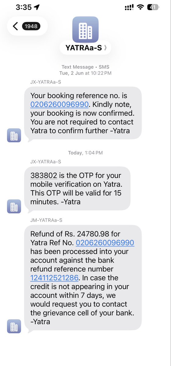 heman_174's tweet photo. @Yatra_Care See the message received and pls explain the difference in amount https://t.co/aETJ24UUTw