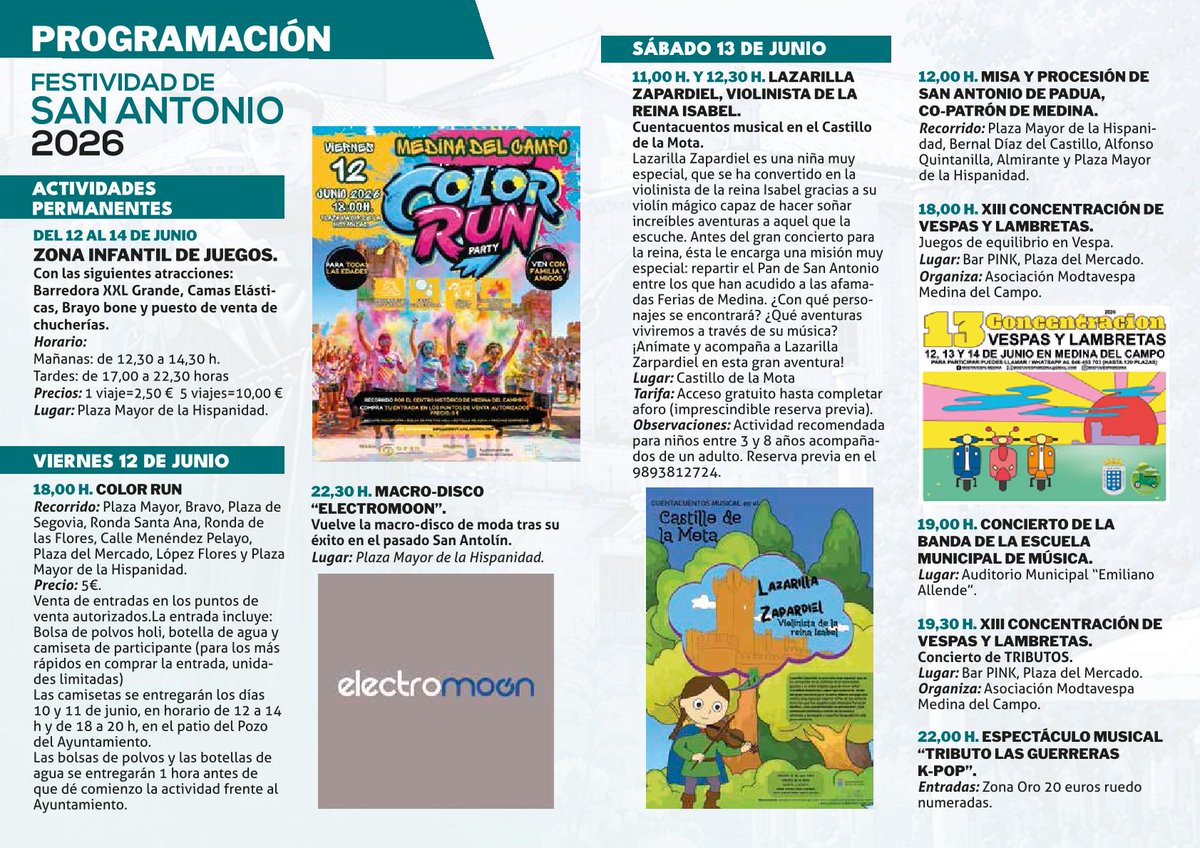 hosteleriamdc's tweet photo. 🎉Del viernes 12 al domingo 14 estamos de fiesta en Medina del Campo. ❗️Viva San Antonio❗️

Tenemos un montón de actividades para todos: conciertos👩‍🎤, Color Run, zona de juegos 🎠, teatro de calle 🎭, concentración de vespas 🛵,  actividades musicales 🎼 y el mejor ambiente. https://t.co/7O4ywTll4Z
