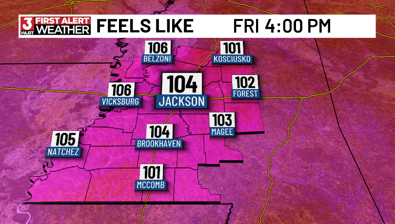ChaseFranksWx's tweet photo. Expect highs in the mid-90s through the weekend, with heat index values climbing into the upper 90s and lower 100s during the afternoon.

💧 Stay hydrated
☀️ Limit time outdoors during peak afternoon heat
🐶 Never leave children or pets in vehicles

#mswx @WLBT https://t.co/sLpnDxKRw3