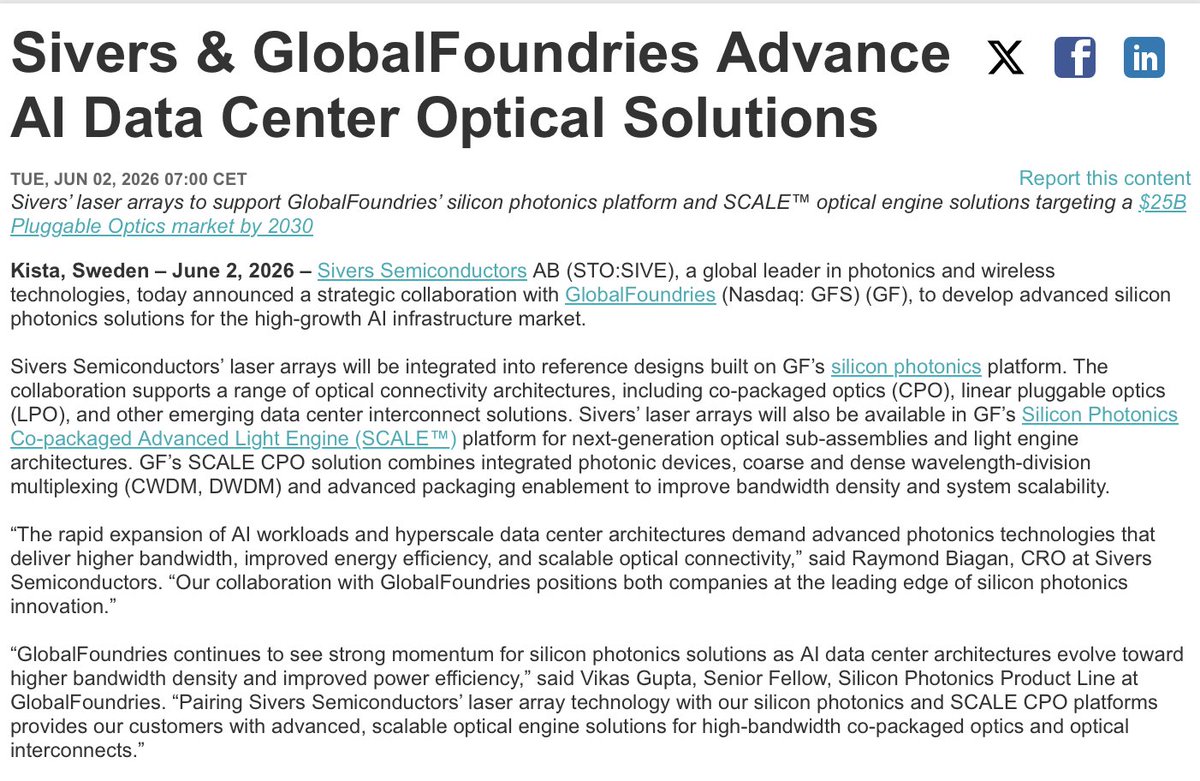 PepInvestStocks's tweet photo. $SIVE - In addition to this institutional dynamic, June 2026 brings a series of high-profile fundamental catalysts that complete the bullish investment case:

Transition from Developer to Volume Producer

$SIVE has just secured an $8.2 million production order from https://t.co/t81UZsAUvd, they will supply Ka-band beamforming chips for satellite terminals used by the U.S. military (Army and Navy) as well as commercial customers.

This marks transition from the prototype and development phase (NRE) into high-margin volume production through 2027. With $YSS currently acquiring https://t.co/t81UZsAUvd, this development opens the door to a vast aerospace and defense supply chain.

The $GFS and $JBL Catalyst in the Photonics Market

$SIVE position in silicon photonics for AI data centers was significantly strengthened during spring and summer 2026:

GlobalFoundries Agreement (June 2, 2026): 

$SIVE laser arrays were officially integrated into GlobalFoundries’ silicon photonics platform. This positions the company to target the co-packaged optics (CPO) market, which is projected to reach $25 billion by 2030.

Jabil Partnership: 

$SIVE supplies indium phosphide lasers for Jabil’s new 1.6-terabit transceivers. Jabil previously acquired Intel’s silicon photonics business and serves technology giants such as $META and $AMZN.

Proximity to Nvidia: Through its close collaboration with Ayar Labs, backed by $NVDA, $INTC, and $AMD, $SIVE is positioned at the forefront of the next generation of AI infrastructure.

Sales Pipeline Expands to $799 Million

According to recent June reports, $SIVE opportunity pipeline has grown to $799 million. This indicates that industry interest is not merely a temporary hype cycle but is increasingly translating into concrete project opportunities and commercial demand.

Upcoming Nasdaq New York Listing

$SIVE is actively pursuing a dual listing on the Nasdaq in New York. Its 2024 and 2025 financial statements have already been converted to the stringent U.S. PCAOB accounting standards. The decisive shareholder vote is scheduled for the Annual General Meeting on June 15, 2026.

U.S. listing could attract substantial new capital and significantly increase institutional investor participation from the United States.

Intensifying Short Squeeze

As a result of the stream of positive news and the approaching Nasdaq listing, short sellers, including those influenced by a critical report from Ningi Research, appear to be under increasing pressure.

Nordea Bank has reportedly raised borrowing fees for $SIVE shares to as much as 228.5% due to extremely limited share availability.

This is forcing short sellers to cover their positions aggressively, creating additional upward pressure on the stock.