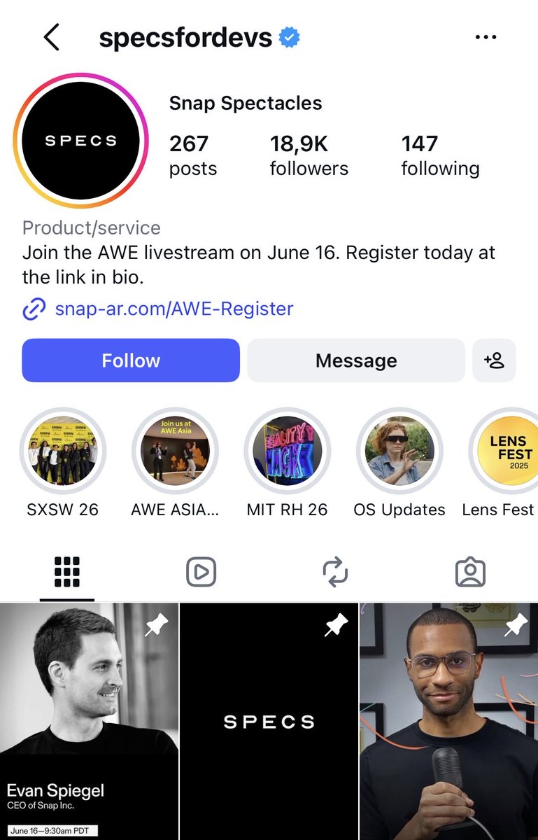 SnapInvestors's tweet photo. $SNAP Specs Instagram pages have been updated with the new brand design,  ready for launch! AWE 2026 will be headlined by @evanspiegel and Bobby Murphy on June 16. https://t.co/o0nr2tSsRZ