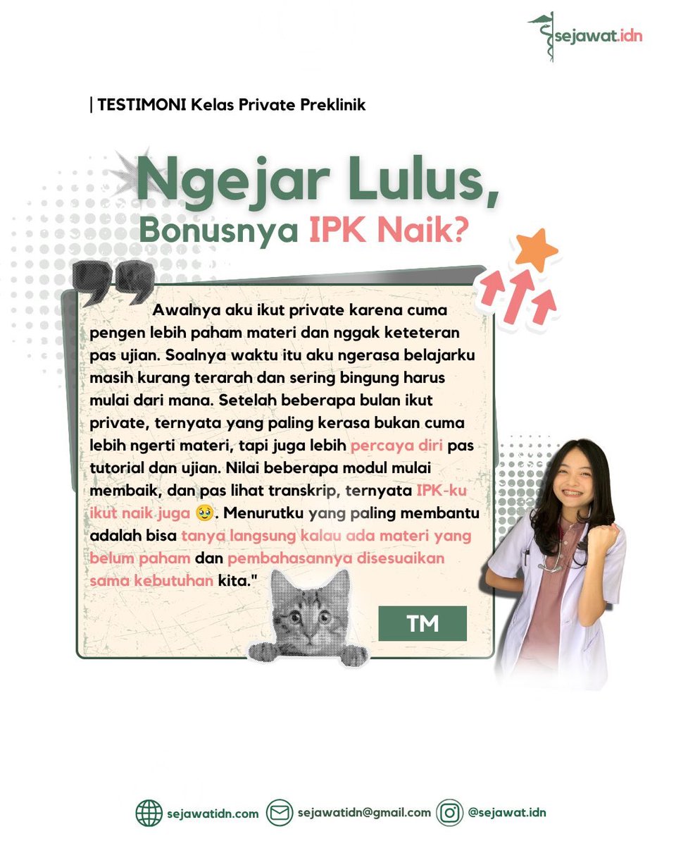 sejawat_idn's tweet photo. [TESTIMONI KELAS PRIVATE PREKLINIK 📈]

Ngejar Lulus, Bonusnya IPK Naik? 👀 Awalnya cuma pengen lebih paham materi dan nggak keteteran pas ujian. Ternyata setelah belajar lebih terarah bersama Sejawat.

#sejawatidn #preklinik #koas #bimbelkedokteran #fkui https://t.co/PegTk6wwYo