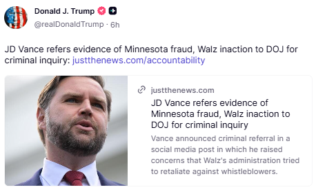 GuntherEagleman's tweet photo. 🚨 BOOM: JD Vance just dropped a bomb, referring evidence of massive Minnesota fraud and Tim Walz’s inaction directly to the DOJ for criminal inquiry.

This includes allegations that Walz’s administration knew about widespread fraud (including in the Somali community stealing COVID aid meant for kids) but did nothing, and even retaliated against whistleblowers.
The walls are closing in on Walz.

Accountability is coming. No one is above the law.