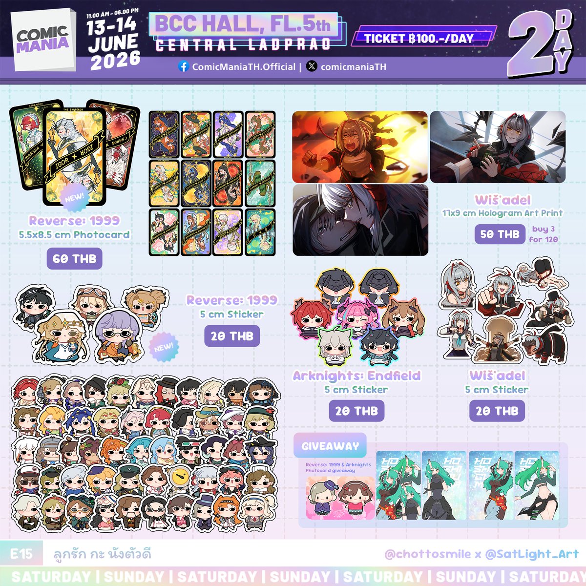 chottosmile's tweet photo. ใบเมนูนะคะ 💖 w/ @SatLight_Art 

✦Re1999✦
- Tarot Card
- Sticker

✦Arknights+Endfield✦
- Sticker
- Art Print

✦Giveaway✦
- Verneider ชุดไทย
- Hoshiguma (สุ่ม)

แล้วพบกันนะคะ
#ComicMania1 #CM1_both

📅13-14 June 2026
⏰ 11:00 AM - 6:00 PM
📍BCC Hall, 5th Fl. Central Ladprao https://t.co/AXHTZX8ond