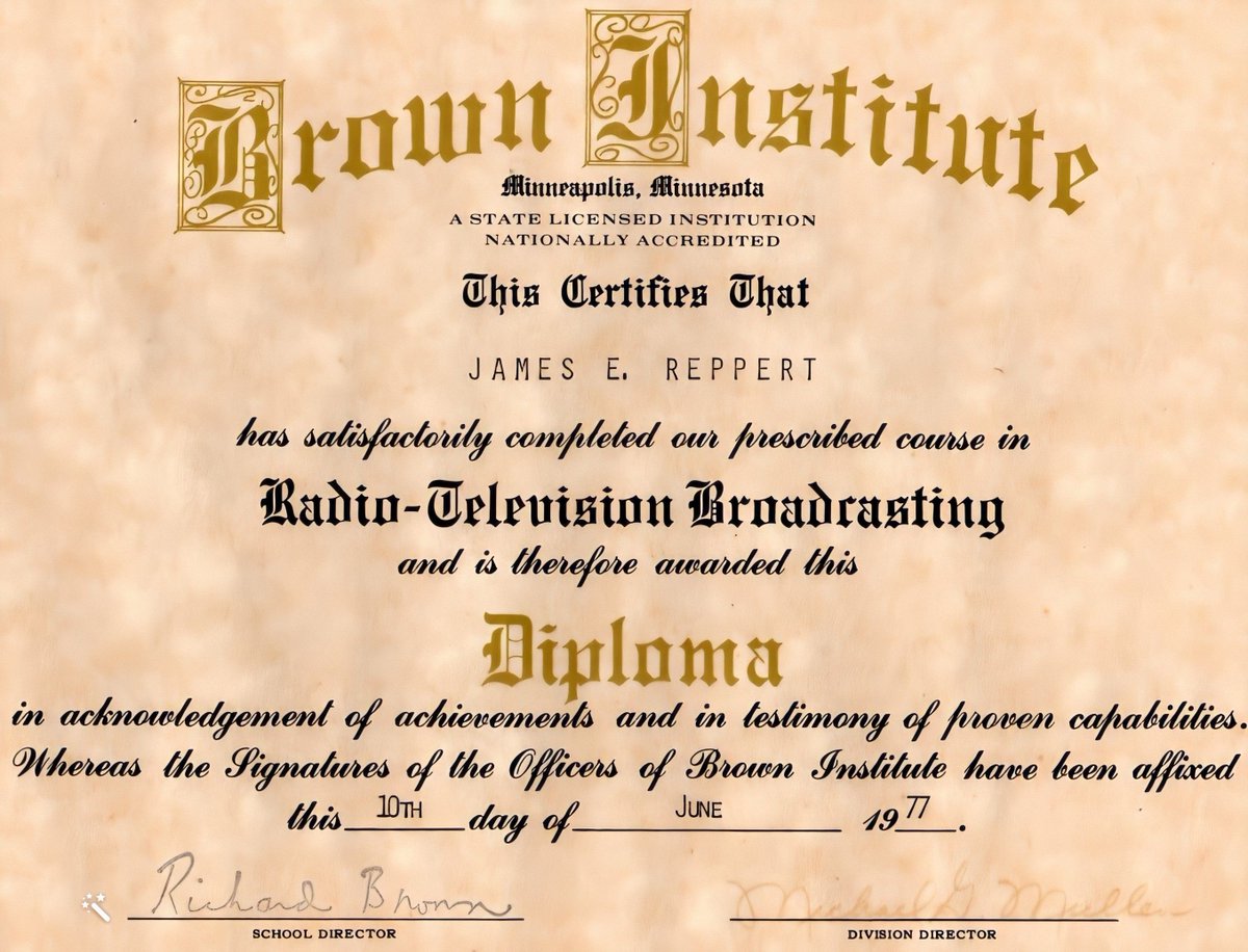 ProfJReppertSAU's tweet photo. (June 10, 1977) I graduated from Brown Institute in Radio-Television Broadcasting and obtained an FCC First Class License - In retrospect, this and national success as a coach of the UNLV Debate Team likely contributed to securing a college faculty position in Mass Communication and Speech right out of graduate school