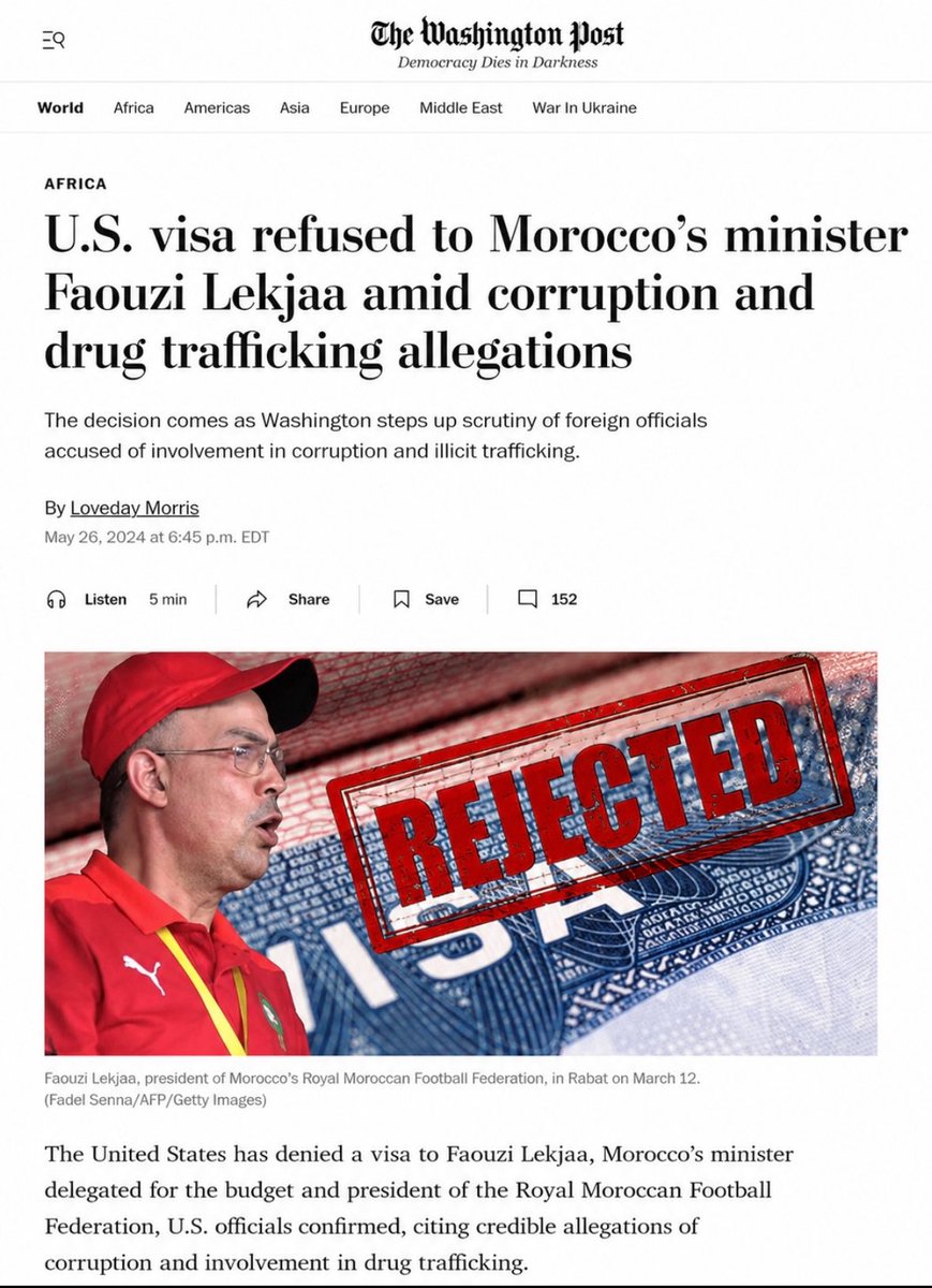 guddinews's tweet photo. @fatin02018353 Lekjaa le président de la fédération de football du Maroc a reçu un refus de visa à cause de soupçon de corruption et de drogues. https://t.co/vi1thvZmwQ