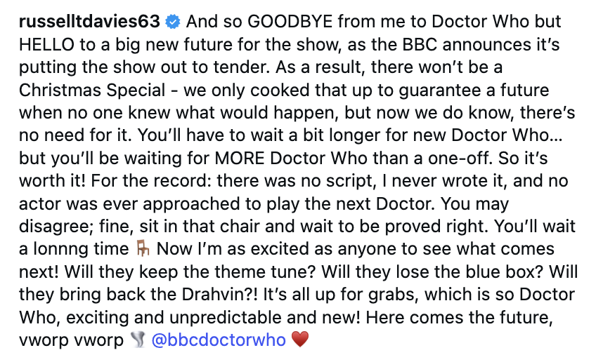 RyanJL's tweet photo. RTD has confirmed his Doctor Who exit, with the production now out to tender. He never actually wrote a Christmas special script. https://t.co/PBg1fhdEHd
