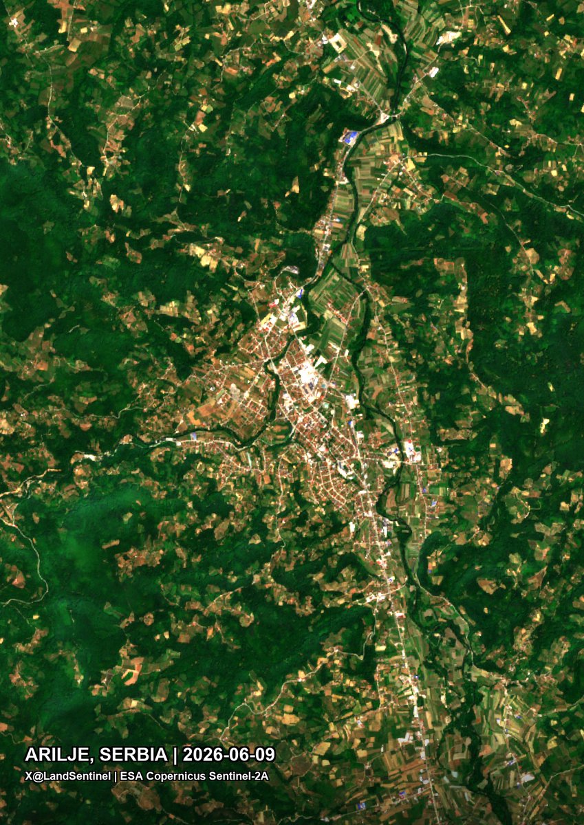 LandSentinel's tweet photo. Arilje - Serbia - 2026-06-09

Have you ever seen a town known for its stunning fruit orchards? Arilje is renowned for its picturesque cherry blossom trees!

#SatelliteImagery #Sentinel2 #Arilje #Serbia https://t.co/goWp5Fu2Yz