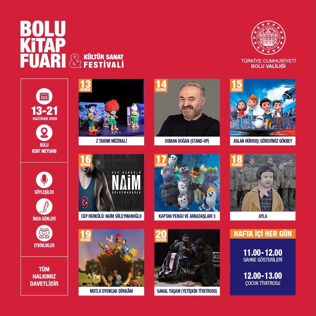 boluvaliligi's tweet photo. 📚✨ Kültür ve Edebiyatın Kalbi Bolu’da Atıyor! 

📌Valiliğimiz tarafından düzenlenen, şehrimizde kültür ve sanat rüzgârları estirecek Bolu Kitap Fuarı & Kültür Sanat Festivali başlıyor!

✍️ Fikir dünyamızı zenginleştirecek ilham verici söyleşiler, 📖 hayranı olduğunuz yazarlarla buluşacağınız imza günleri ve 🎨 her yaşa hitap eden birbirinden renkli kültürel etkinliklerle dolu muhteşem bir dokuz gün sizleri bekliyor.

🌸 Kültürle, sanatla ve kitapla dolu bu benzersiz atmosferi birlikte paylaşmak için tüm vatandaşlarımızı bekliyoruz.

📅 13-21 Haziran 2026
(Açılış Programı: 13 Haziran 2026 Cumartesi günü Saat:15.00)
📍 Bolu Kent Meydanı