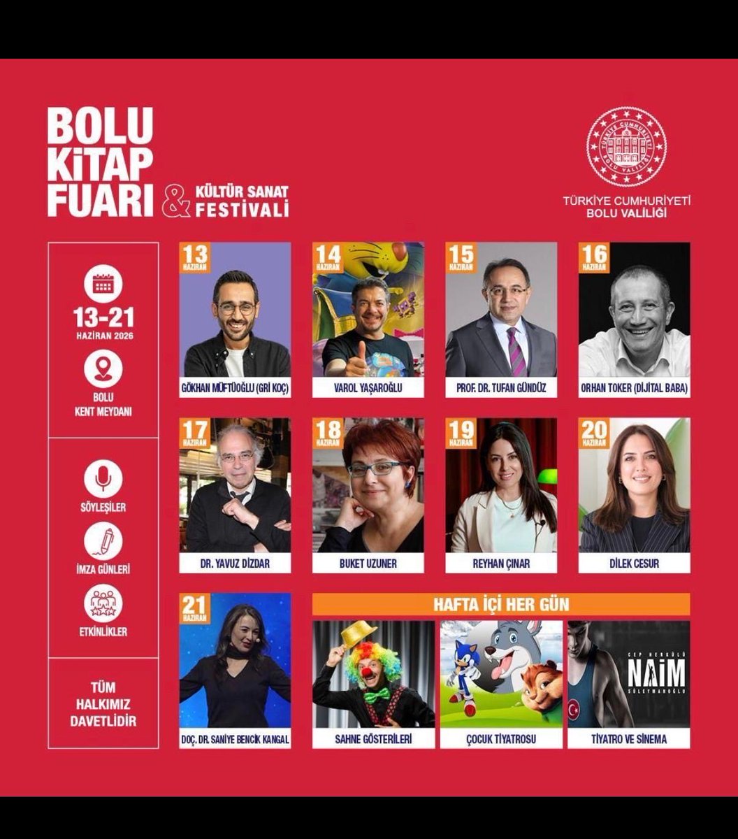 boluvaliligi's tweet photo. 📚✨ Kültür ve Edebiyatın Kalbi Bolu’da Atıyor! 

📌Valiliğimiz tarafından düzenlenen, şehrimizde kültür ve sanat rüzgârları estirecek Bolu Kitap Fuarı & Kültür Sanat Festivali başlıyor!

✍️ Fikir dünyamızı zenginleştirecek ilham verici söyleşiler, 📖 hayranı olduğunuz yazarlarla buluşacağınız imza günleri ve 🎨 her yaşa hitap eden birbirinden renkli kültürel etkinliklerle dolu muhteşem bir dokuz gün sizleri bekliyor.

🌸 Kültürle, sanatla ve kitapla dolu bu benzersiz atmosferi birlikte paylaşmak için tüm vatandaşlarımızı bekliyoruz.

📅 13-21 Haziran 2026
(Açılış Programı: 13 Haziran 2026 Cumartesi günü Saat:15.00)
📍 Bolu Kent Meydanı