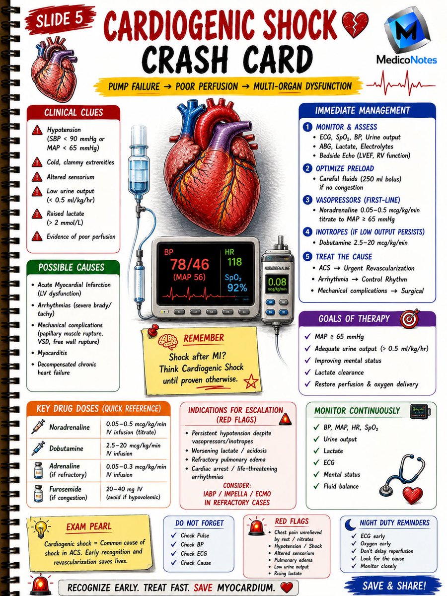 MedicoNotes's tweet photo. ❤️ CARDIOLOGY EMERGENCY CRASH CARDS

The difference between life and death in cardiology is often measured in minutes.

⸻

1️⃣ STEMI Crash Card

➊ Recognize chest pain + ST elevation
➋ Activate reperfusion pathway immediately
➌ Door-to-balloon < 90 minutes
➍ Time = Myocardium ❤️

⸻

2️⃣ Arrhythmia Crash Card

➊ SVT → Adenosine
➋ AF with RVR → Rate control
➌ VT with pulse → Amiodarone/Cardioversion
➍ VF/Pulseless VT → Defibrillate NOW ⚡

⸻

3️⃣ Acute Heart Failure

➊ Oxygen + sit upright
➋ Nitrates if appropriate
➌ IV diuretics
➍ Escalate early if respiratory distress

⸻

4️⃣ Cardiogenic Shock

➊ Identify poor perfusion early
➋ Monitor lactate & urine output
➌ Vasopressors + inotropes when needed
➍ Urgent revascularization saves lives

⸻

5️⃣ Night Duty Survival Card

➊ ECG recognition made simple
➋ Emergency drug doses
➌ ACLS essentials
➍ Quick-reference bedside guide

⸻

💡 High-Yield Exam Pearl:

STEMI → Reperfuse
SVT → Adenosine
AF → Rate Control
VF/VT → Defibrillate
Shock → Restore Perfusion

⸻

📚 Master Cardiology with the MedicoNotes Cardiology Book

🌐 https://t.co/2UQyCbb6in

#Cardiology #ECG #STEMI #MedicalEducation #MedicoNotes