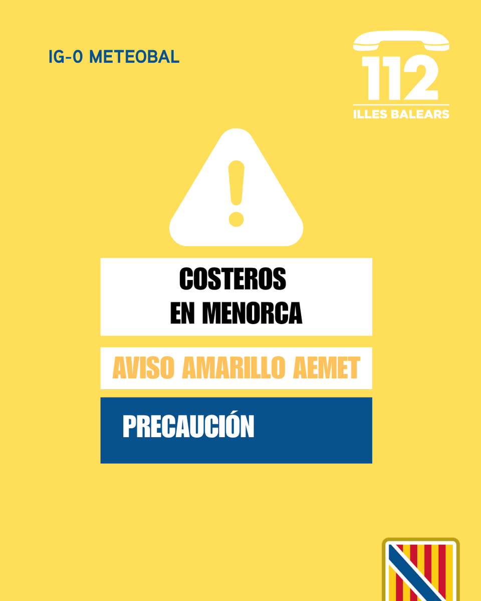 Emergencies_112's tweet photo. ⚠️ Actualización de las alertas del Plan #Meteobal por meteorología adversa.
🟡 Activada la alerta amarilla (IG-0) por fenómenos costeros 🌊 en Menorca.
Desde Emergencias os pedimos que mantengáis la precaución y sigáis nuestras recomendaciones.
Si sufrís cualquier emergencia, llamad al 112 📞
💭 Podéis seguir los avisos por horas en el canal oficial de @AEMET_Baleares
➡️ https://t.co/CHDLziWCWs