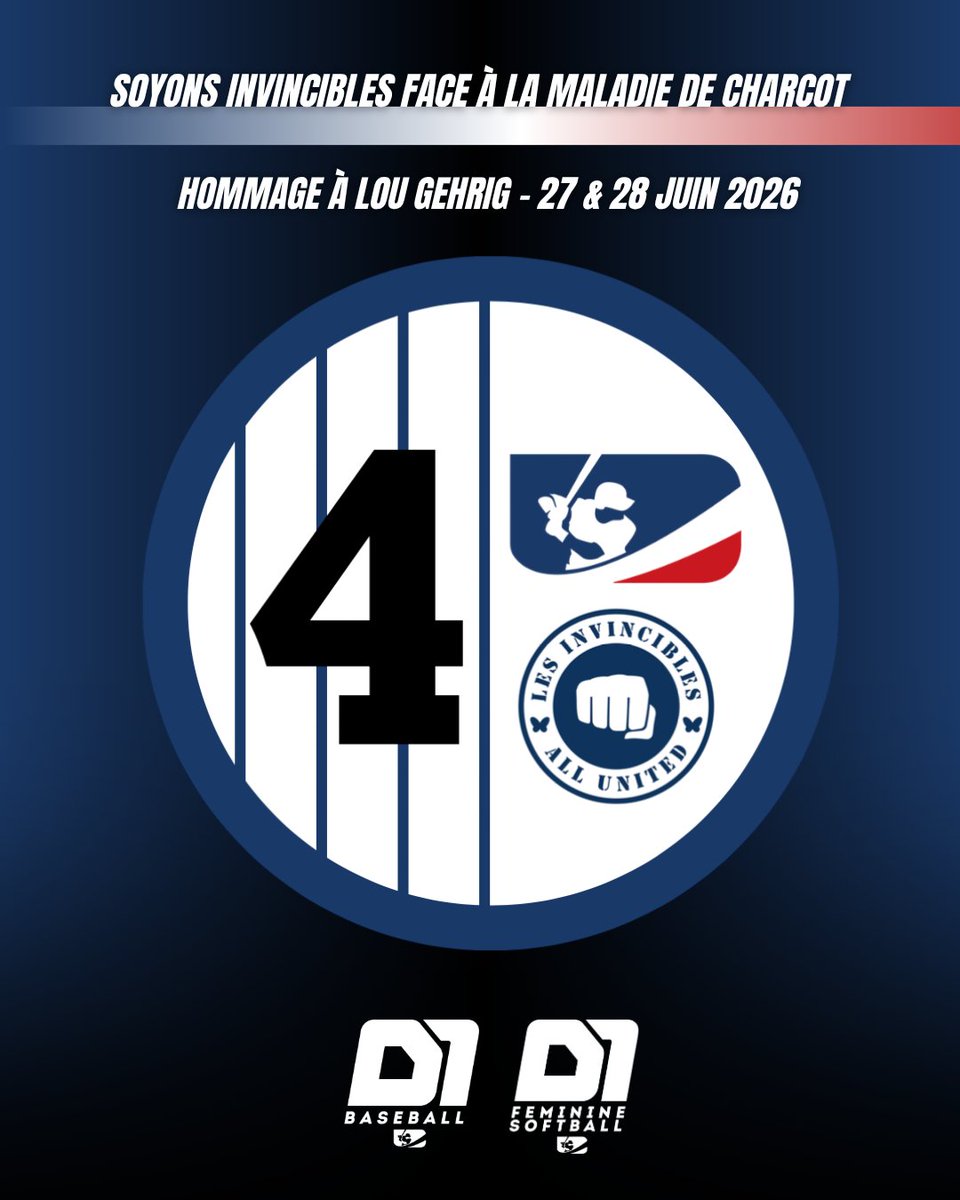 ffbs_baseball's tweet photo. Soyons invincibles face à la maladie de Charcot ✊💙
🗓️ Hommage à Lou Gehrig et mobilisation collective les 27 et 28 juin 2026 sur les terrains de Division 1 Baseball et Féminine Softball ⚾️🥎
👀 Plus d'informations à venir...⏳
#LouGehrig #Invincibles #SLA https://t.co/dFMsX59ObX