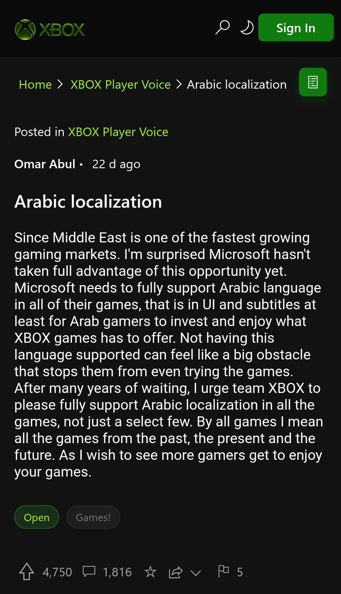 Omar_Abul's tweet photo. باقي ٢٥٠ صوت حتى نوصل ٥٠٠٠ صوت وأقل من ٢٠٠ تعليق حتى نوصل إلى ٢٠٠٠ تعليق! والمبادرة مستمرة وما بتوقف حتى @XBOX @asha_shar @ballmatthew يلبون مطلبنا بتعريب ألعاب الإكسبوكس أو يردون علينا برد مقنع ومنطقي! التعريب يهمنا ونحتاجه عشان نستمتع مثل غيرنا، وهاذي أبسط حقوقنا كلاعبين عرب! https://t.co/BMvpmf8g9j