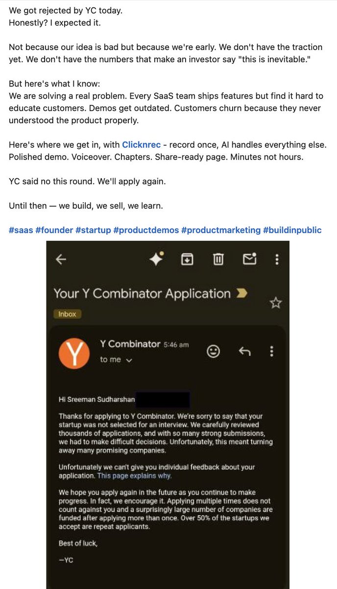 sree_live's tweet photo. YC's rejection, gave us a subscription. 

In my last post - I wrote about my YC application rejection and strongly sold the core idea of Clicknrec. We firmly believed that we would crack this, not just with rough assumptions but with clear research & validations. Many DM's came in.

A friend of friend thought - It's a great idea, saw a demo video, understood the value - making AI demos for their product enablement,  purchased our PRO plan today. 

Thank you YC. It's not just a subscription but a number to start our startup story with.

Thanks to everyone who read that post, shared it, and believed before we had numbers. We're just getting started.

PS - Never mind my phone's wallpaper  😜

#Saas #productmarketing #productdemo #startups