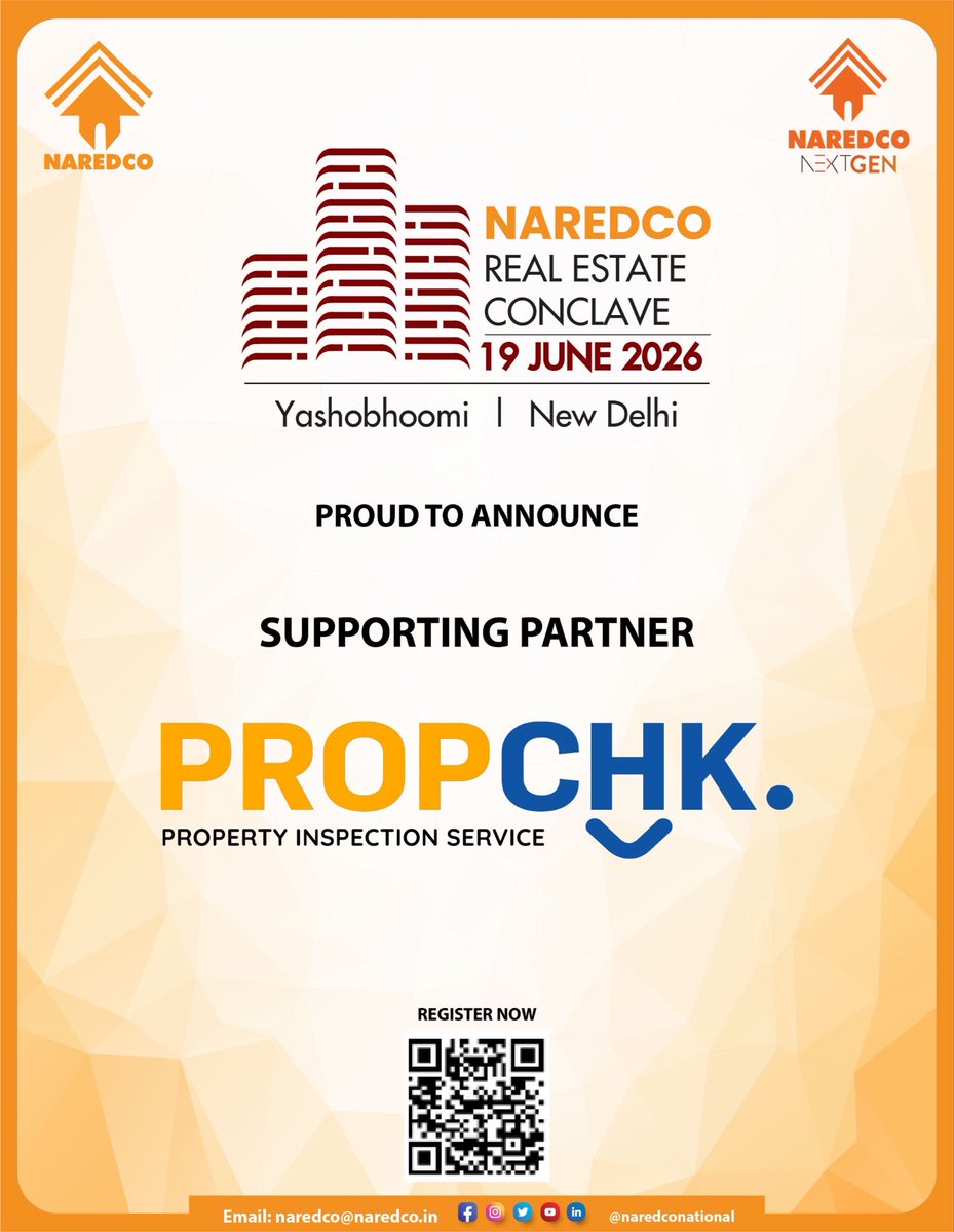 NaredcoNational's tweet photo. We welcome #PropChk as a #SupportingPartner for the #NAREDCO #RealEstate Conclave 2026. With a strong focus on property inspection and quality assurance, PropChk contributes to creating greater transparency, accountability, and trust across the real estate ecosystem. https://t.co/oVgTYfAIhj