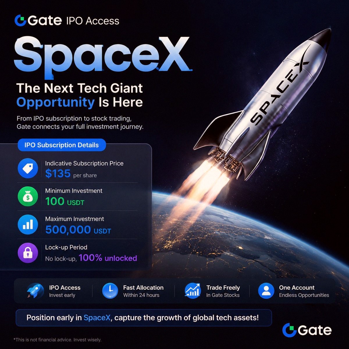 yu48087282's tweet photo. The next major growth opportunity might still be private.

SpaceX is leading aerospace with reusable rockets, Starlink, and big plans for space exploration.

With @Gate IPO Access, you can now invest in this top private tech company before it's widely available.

✅ Start https://t.co/RxeM4s71Gn