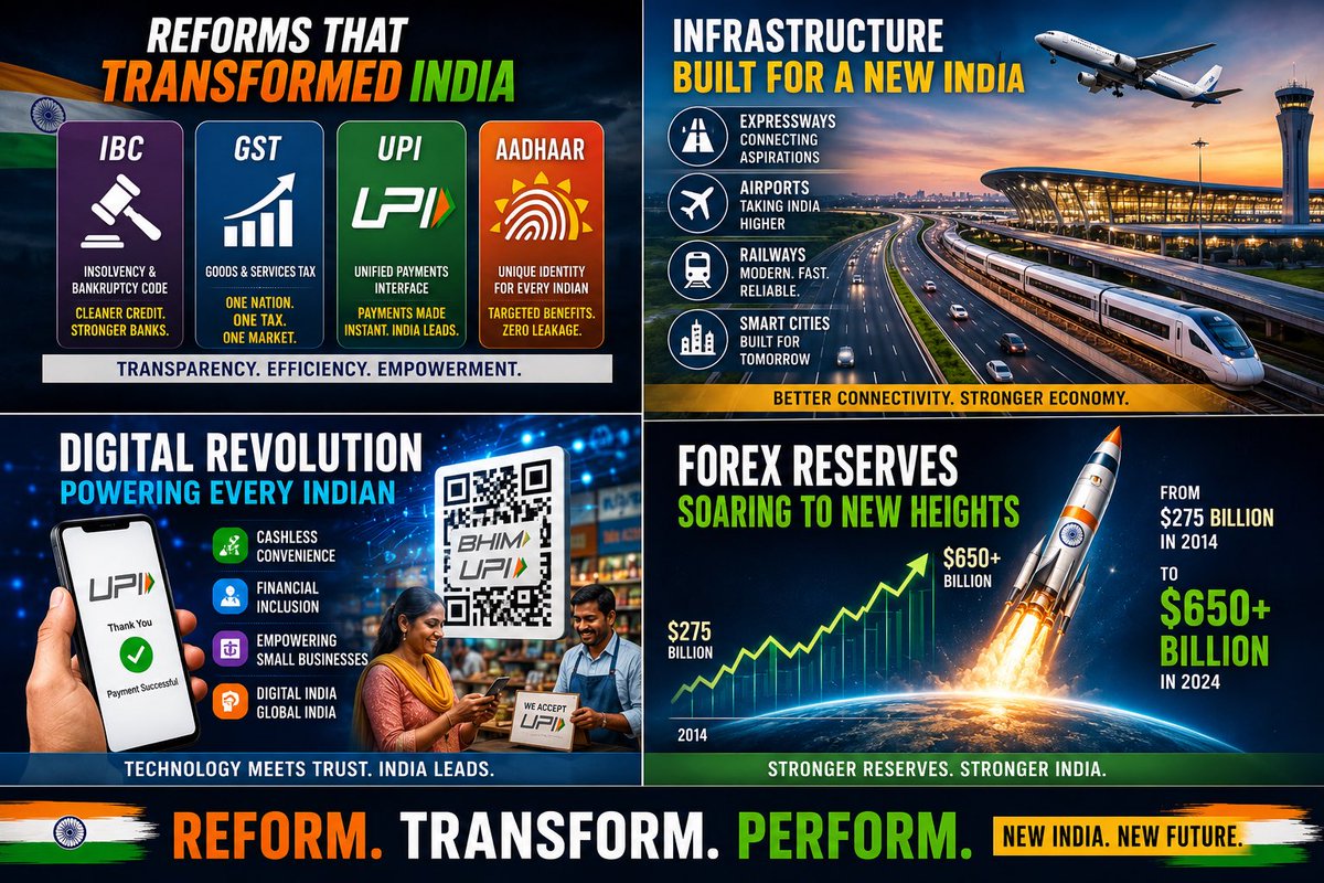 HemanNamo's tweet photo. 8/9
Modi’s structural corrections — East Asia style, 60 years later:
IBC ended defaulter raj.
GST made One Nation, One Market.
UPI + Aadhaar digitalised 1.4B at record speed.
Capex to 4% GDP — infra boom.
Reserves now $701 billion. India faces outward. 🇮🇳 https://t.co/8ajpXnzLGi
