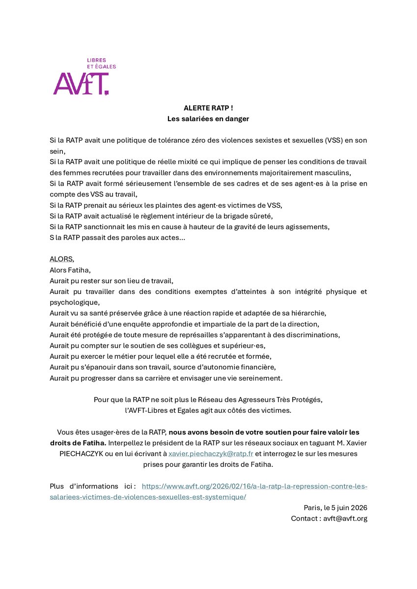 AVFT_'s tweet photo. ALERTE #RATP ! Salariée en danger https://t.co/IxPEKlfIZW