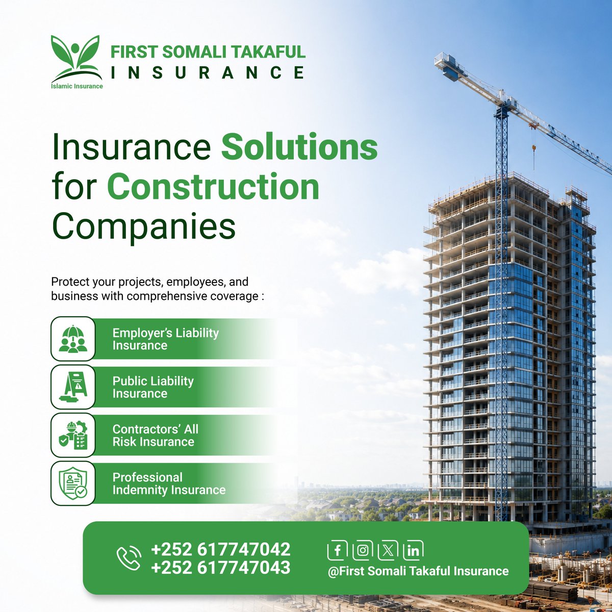 SomaliRe's tweet photo. 🏗️Build with Confidence. Protect with Takaful.

Protect your construction projects, employees, &amp; business with Shariah-compliant insurance solutions from 𝐅𝐢𝐫𝐬𝐭 𝐒𝐨𝐦𝐚𝐥𝐢 𝐓𝐚𝐤𝐚𝐟𝐮𝐥 𝐈𝐧𝐬𝐮𝐫𝐚𝐧𝐜𝐞.

📞 +252 617747043 | 42
#FISOTakaful #ConstructionInsurance https://t.co/pLHF3vBCPG