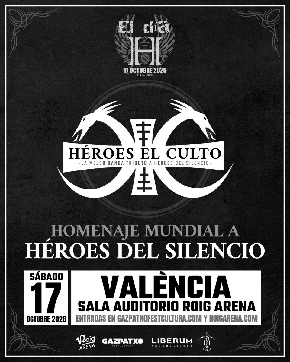 RoigArena's tweet photo. El Día H llega el 17 de octubre con un homenaje a Héroes del Silencio y a su legado con la actuación de Héroes del Culto, considerada como una de las mejores bandas tributo 🎤🎸​

🗓️ 17 de octubre de 2026
📍 Sala Auditorio · Roig Arena
🎟️ Entradas a la venta en nuestra app y web https://t.co/xpcJ0RozGq