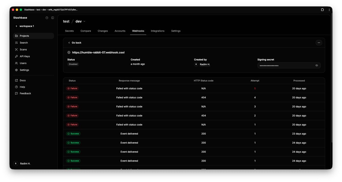 stashbase's tweet photo. Get notified when you secrets change with real-time webhook logs. Available in Stashbase. https://t.co/QY0zQXxFKa