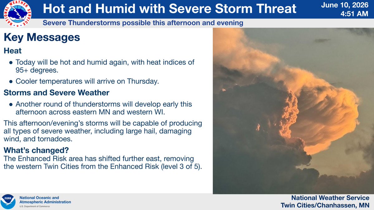 NWSTwinCities's tweet photo. Morning storms clear by mid-morning, but rising heat and humidity will quickly prime the atmosphere for another round of strong to severe thunderstorms this afternoon. All severe weather hazards are on the table. Stay weather aware. #mnwx #wiwx https://t.co/KmjN58qlW6