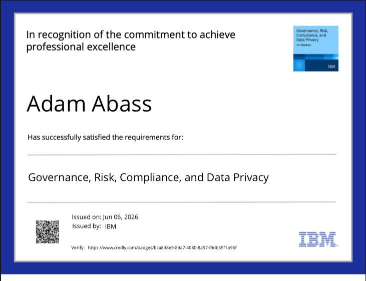 temitopeadam9's tweet photo. New cert alert 🚨
IBM Certified: Governance, Risk, Compliance &amp; Data Privacy ✅
Jun 2026
Let’s keep building.
#GRC #DataPrivacy #IBM @OluwasolaA33289 https://t.co/JtNfi6RBFF