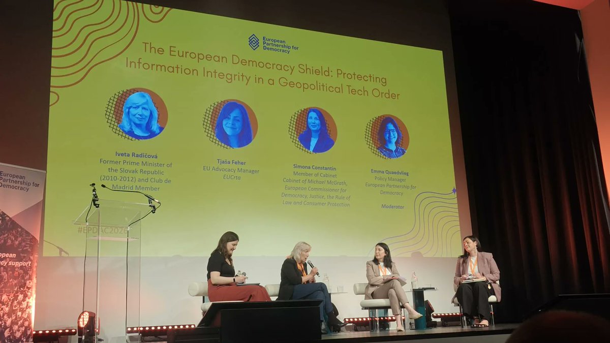 ClubdeMadrid's tweet photo. Our Member and former Prime Minister of Slovakia, Iveta Radičová, is participating in the closing session of the European Partnership for Democracy Annual Conference #EPDAC2026:  

"The European Democracy Shield: Protecting Information Integrity in a Geopolitical Tech Order" https://t.co/ydI2ITuLIm