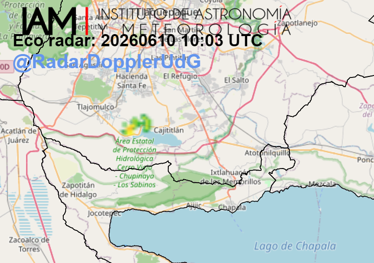 RadarDopplerUdG's tweet photo. El Radar Doppler registra ecos de #lluvia ligera a moderada en #Cajititlan. Continua la vigilancia meteorológica. https://t.co/Q7REcIXqFs