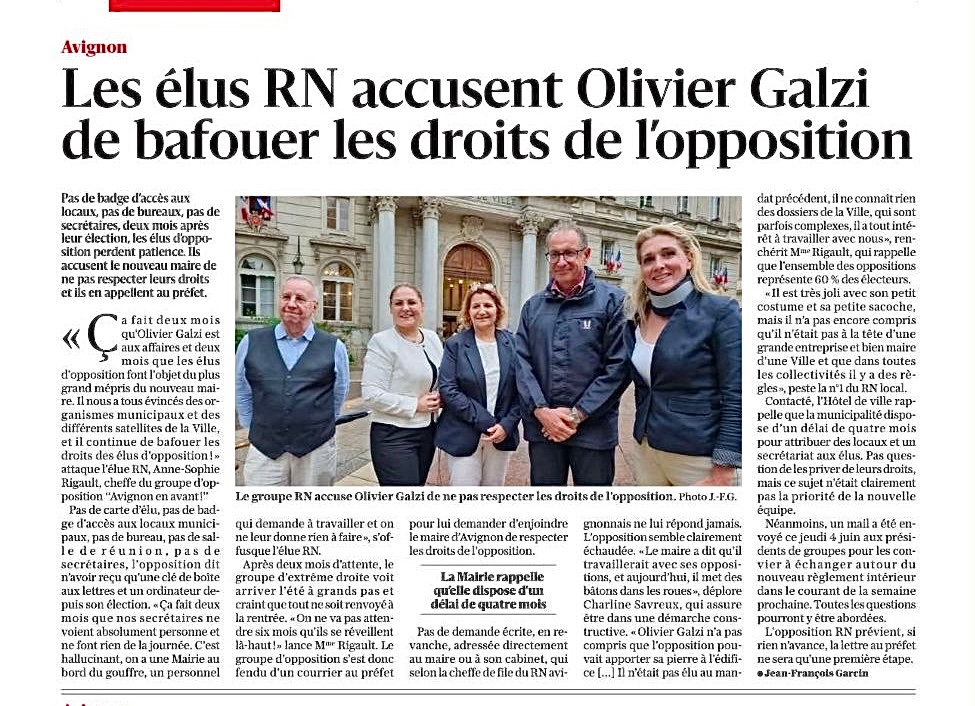 AS_RIGAULT84's tweet photo. Retour presse sur la Conférence que nous avons donnée afin de faire respecter les droits de tous les élus d’opposition à la Mairie d’Avignon.
Il aura fallu aller jusque là pour que le cabinet se réveille au bout de deux mois et nous propose une réunion des présidents de groupe.✌️ https://t.co/ZSOF2rul8R