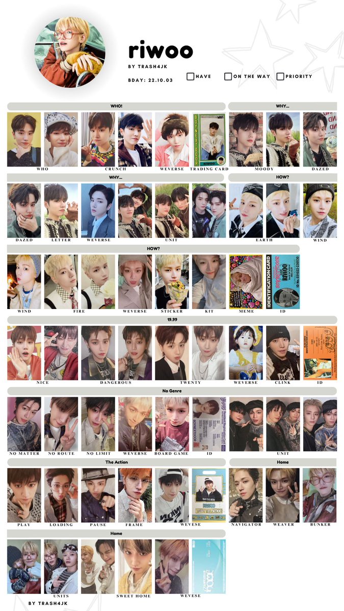 trash4jk's tweet photo. 🐰BOYNEXTDOOR PC PHOTOCARD WISHLIST TEMPLATE 🐰

! by member + photocard all album inclusions 

[updated June 10th 2026]

members - sungho, riwoo, myung jaehyun &amp; taesan 

#boynextdoor #boynextdoortemplate #boynextdoorphotocards https://t.co/r7hNUUUjcj