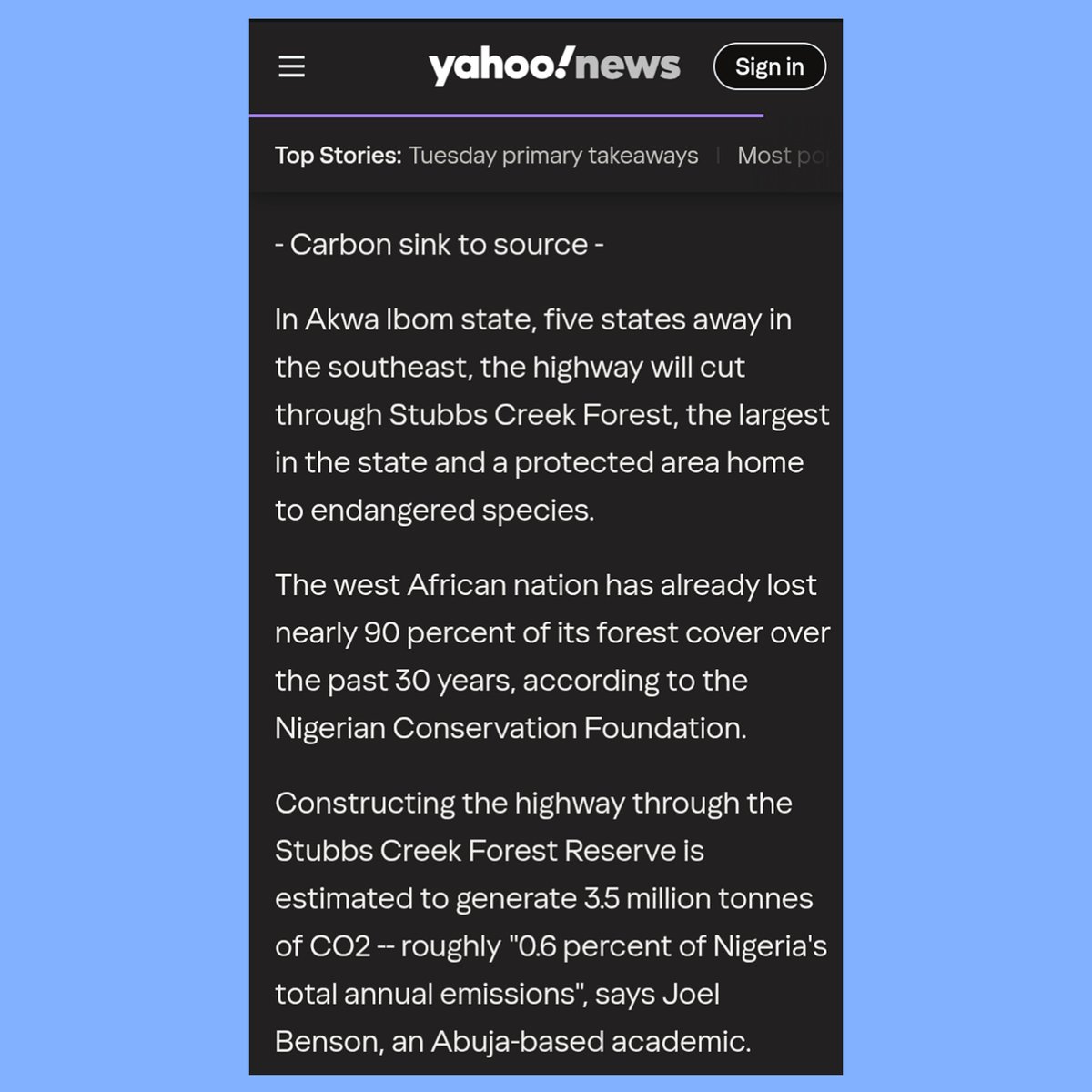 OfficialJBenson's tweet photo. Findings from my study on the climate impact of the Lagos-Calabar Coastal Highway planned through Stubbs Creek Forest Reserve using GHG Flux Analysis, were featured in a recent publication by Agence France-Presse (AFP).
Read here:
https://t.co/Za0WqvOJHM

#ClimateChange #AFP https://t.co/20mlQEdgKx