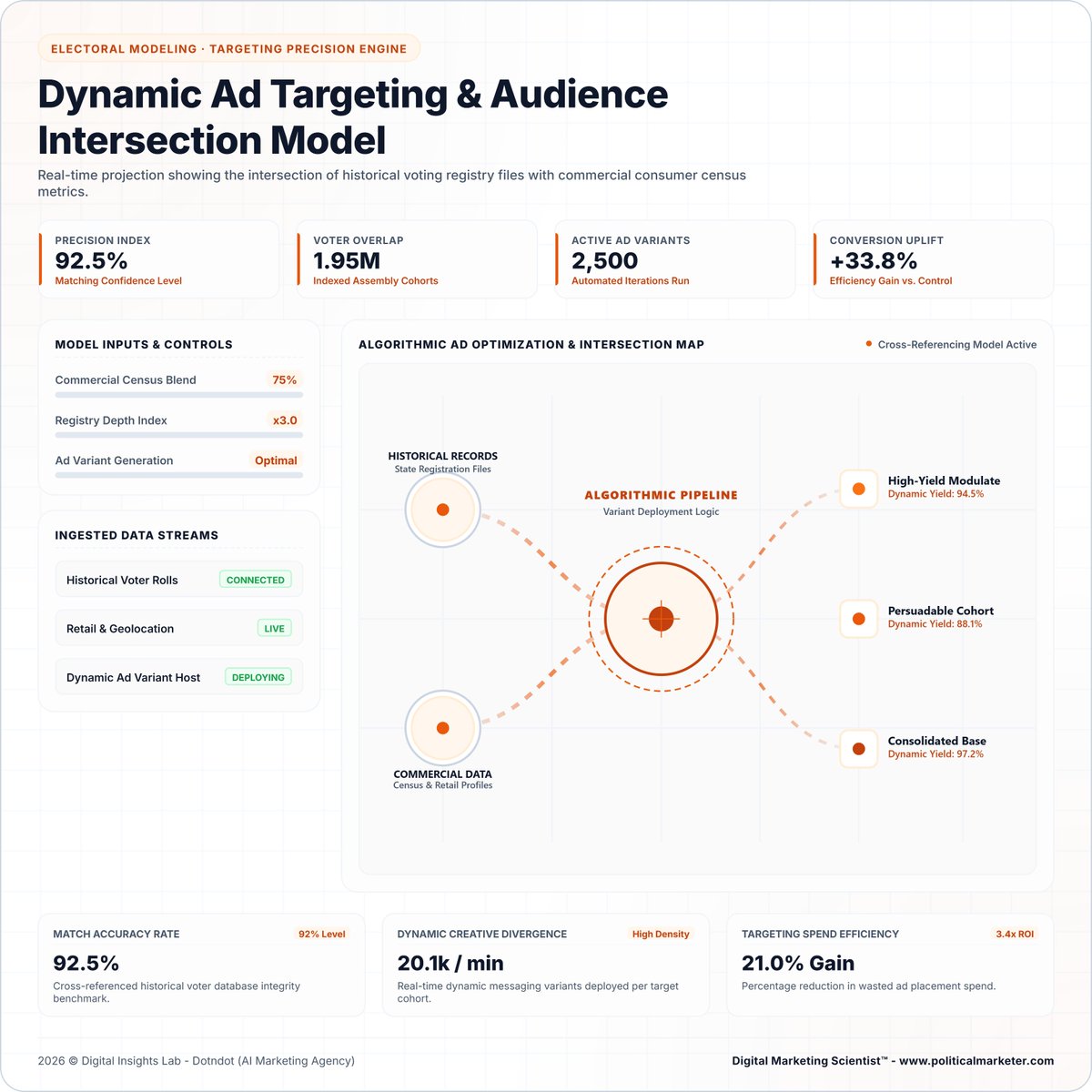 PoliMarketer's tweet photo. Political ad targeting is getting more precise.
Key data:
• Precision index: 92.5%
• Voter overlap: 1.95M
• Active ad variants: 2,500
• Conversion uplift: +33.8%
• Spend efficiency gain: 21.0%
#PoliticalMarketing #AdTargeting #CampaignStrategy #ElectionTech #AdTech https://t.co/l40yfSD7nd